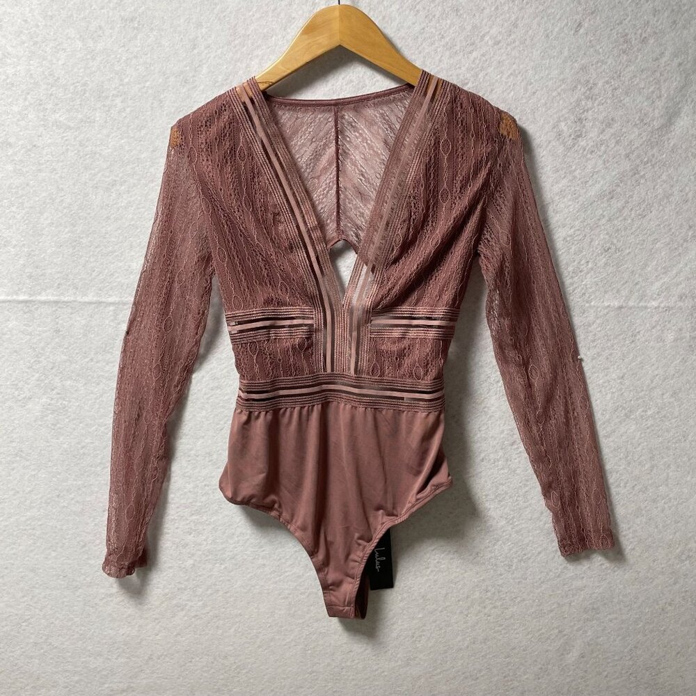LuLus Casita Mauve Pink Sheer Long Sleeve Bodysuit NWT
